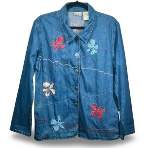 Bobbie Brooks Embroidered Denim Shacket Size Medium Embellished Boho Floral